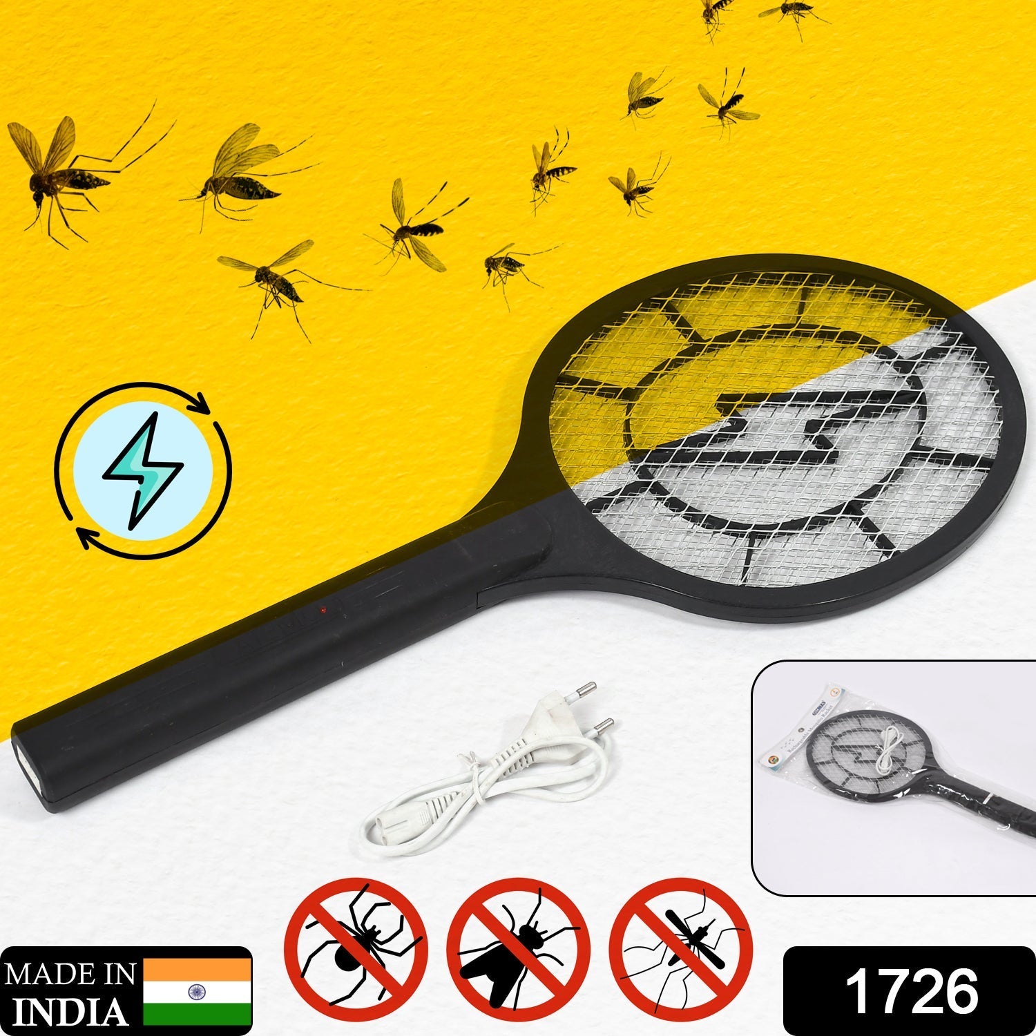 1726 Mosquito Killer Racket Rechargeable Handheld Electric Fly Swatter Mosquito Killer Racket Bat, Electric Insect Killer (Quality Assured) (with Cable) 