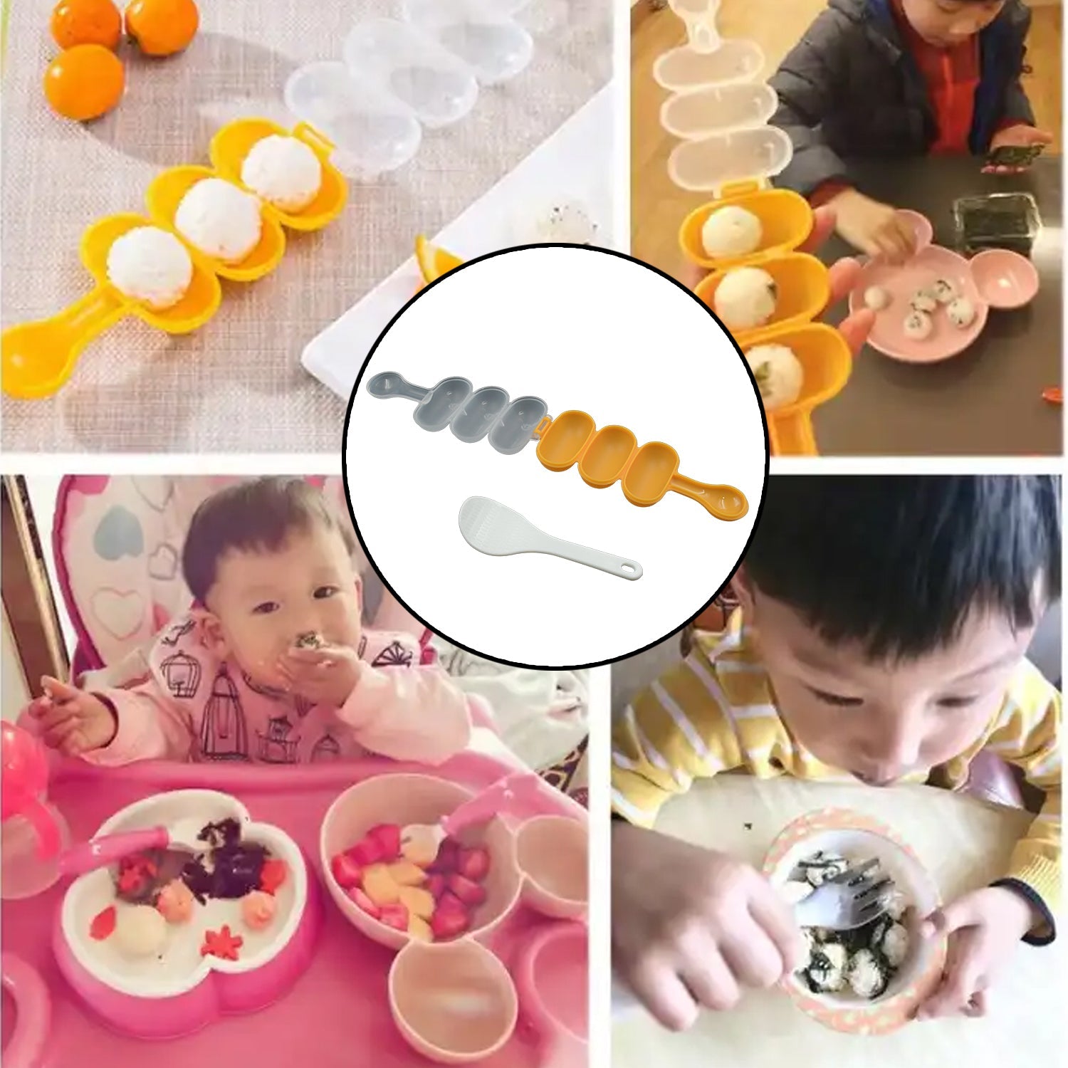 5826 Rice Ball Mould Shaker Sushi Roll Maker 3 Compartment Kitchen Tools for Kids Shake DIY Lunch with a Mini Rice Paddle for Home Party Meal Make, Kids DIY Lunch Maker Mould