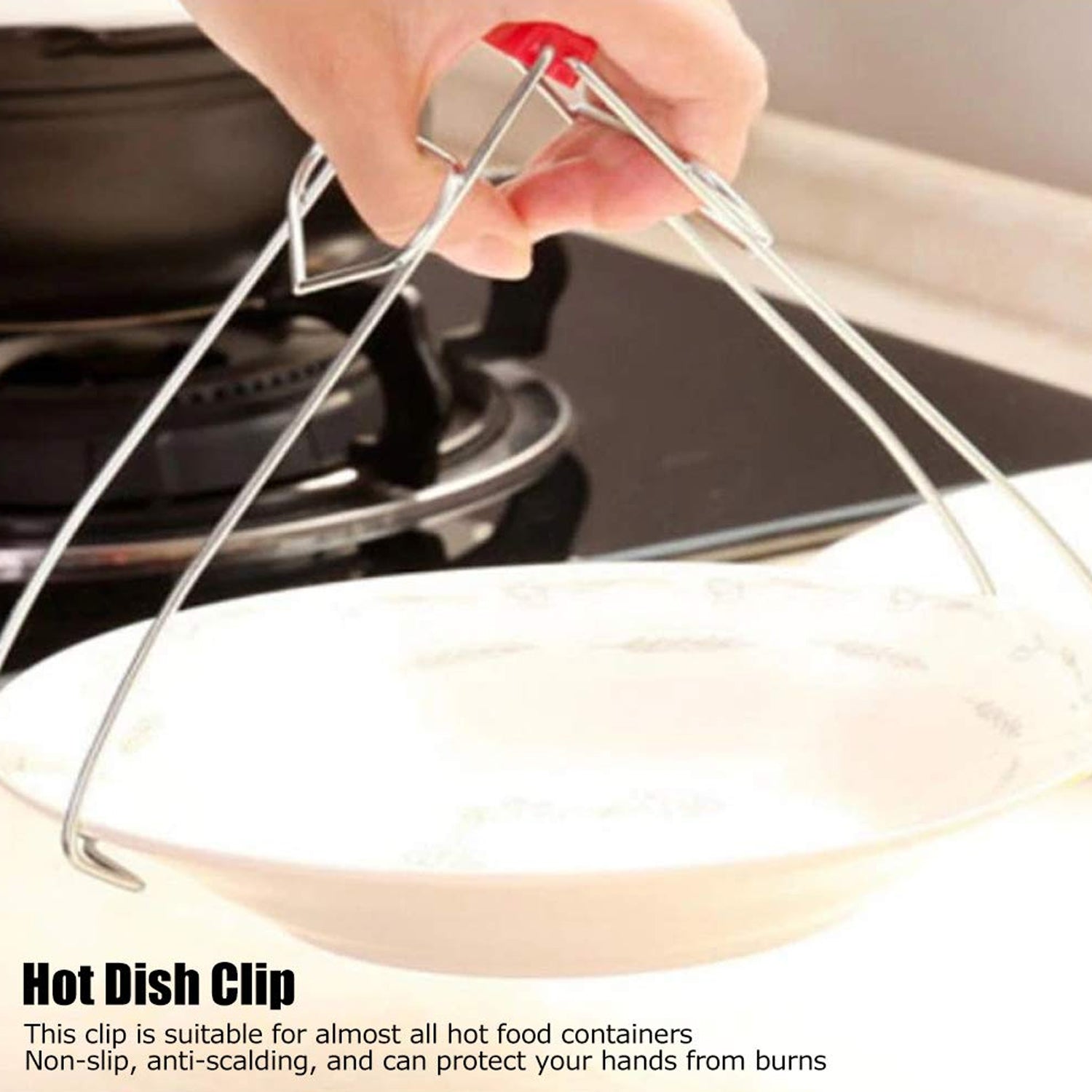 5737 Kitchen Tongs Stainless Steel Pot Pan Gripper Clip Red Handle Take Bowl Clip Gripper Multi-Purpose Bowl Kitchen Accessories Kitchen Tongs Stainless Steel For Restaurants for Kitchen