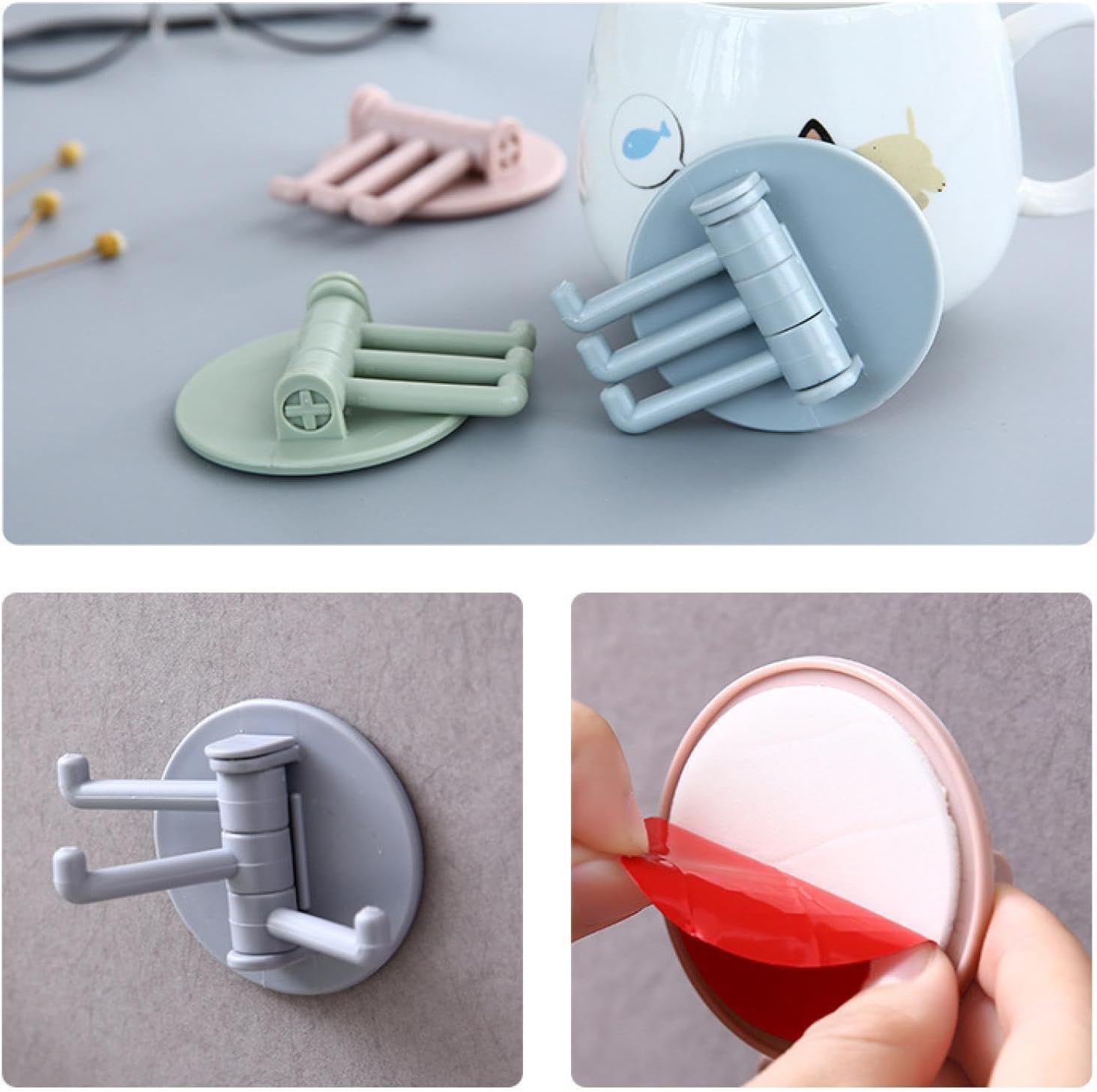 4142 Sticky Hook Household Strong Punch-Free Hook, 180°Foldable Multi-Function Rotatable Hook with 3 Hooks, Suitable for Bathroom, Kitchen, Office (1 Pc)