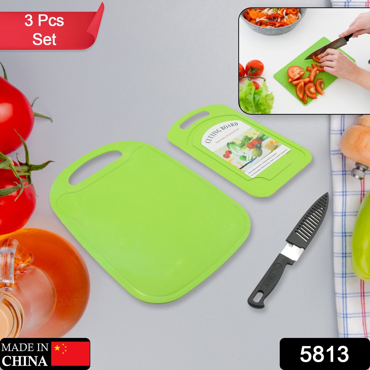 5813  Premium Plastic Chopping Board & Steel Knife Vegetable Chopping Board With Knife  Cutting Board for Kitchen Chopper Fruit and Vegetable Cutter Chopper Plastic (3 Pc Set)