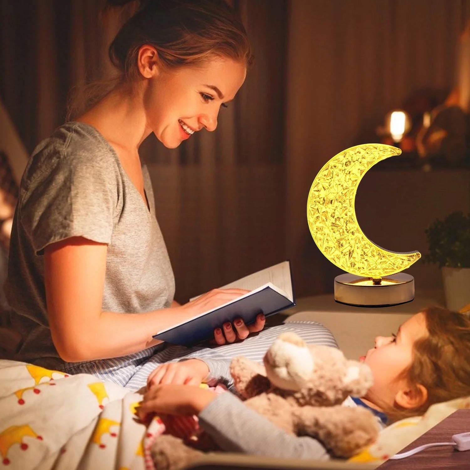 12570 Crystal Table Lamp | Moon Shape Touch Control Lamp with 3 Color | Metal Bedside Lamp for Kids Bedroom Romantic Desktop Nightstand | Stepless Dimming USB Charging Touch Night Light