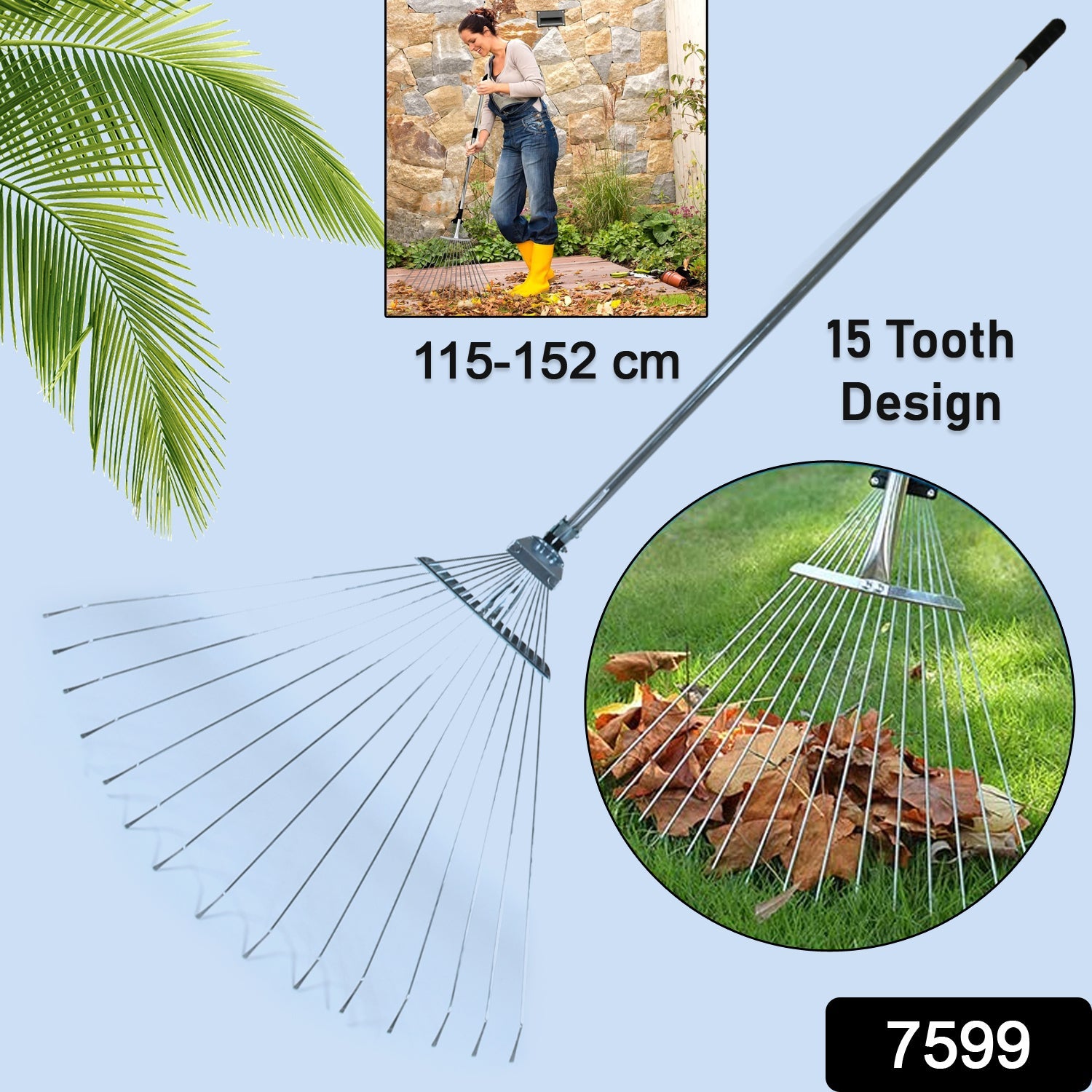 7599 115-152 CM Rake for Gardening, Stainless Steel Telescopic Garden Rake for Quick Clean Up of Lawn and Yard, Adjustable Rake Claws Spacing Garden Broom with Long Handle for Clean Leaves (MOQ :- 2 pc)