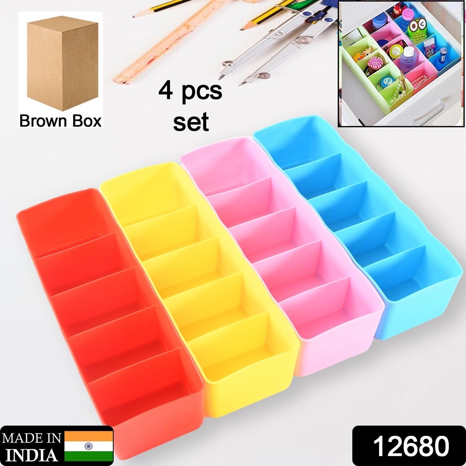 12680 Multi-Function Desktop Drawer Storage Box Clothing Organizer 5 Grid Storage Box Underwear Socks ,Ties Organizer Box (4 Pc Set)