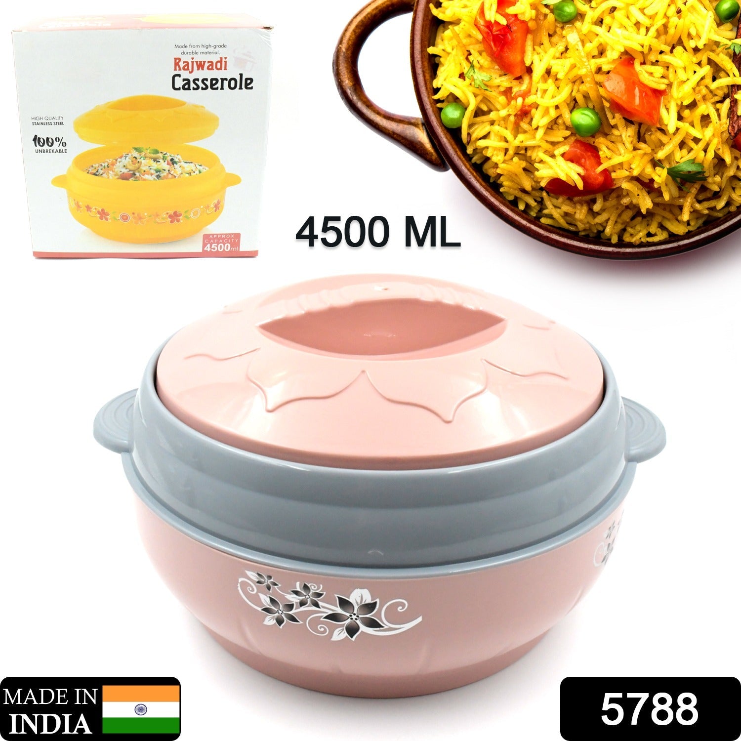 5788 High Quality Steel Casserole Box for Food Searving Inner Steel Insulated Casserole Hot Pot Flowers Printed Chapati Box for Roti Kitchen (Approx 4500 ml)