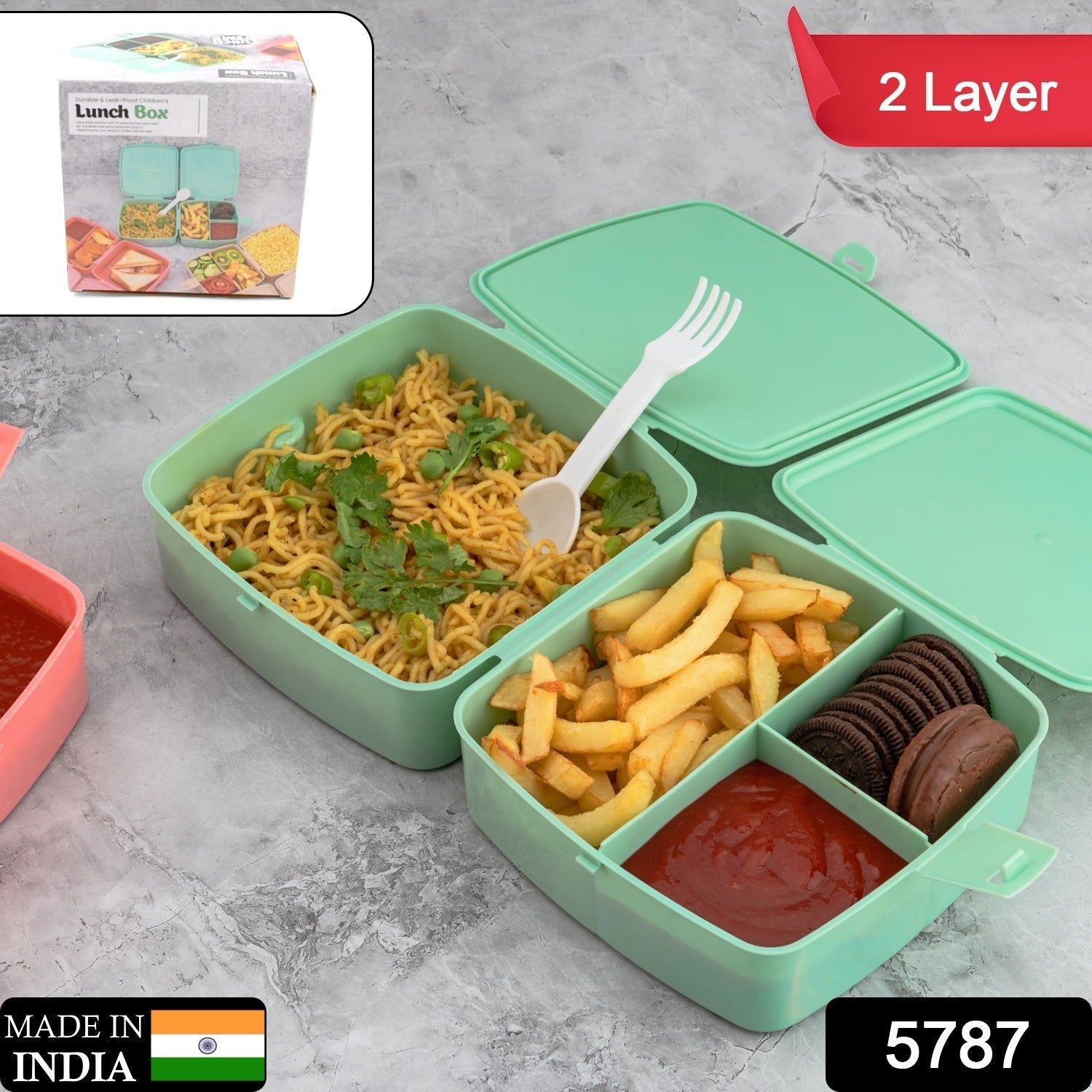 5787 Double-Layer Square Lunch Box with  Spoon , 4 Compartment Tiffin & Push Lock , Plastic Tiffin Box for Travelling, School Kids & Office Exclusive, Home