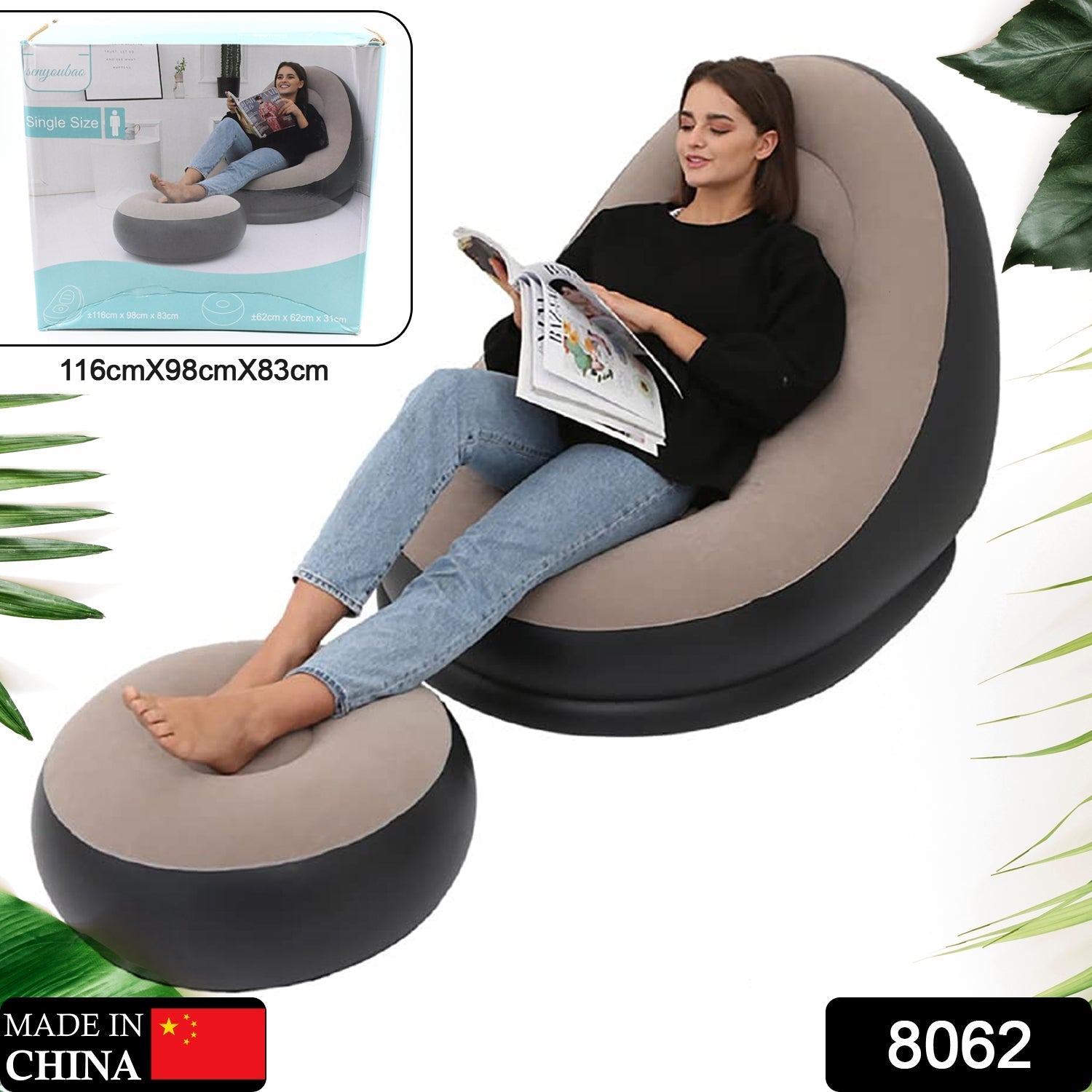 8062 Inflatable Sofa Lounge Chair Ottoman, Blow Up Chaise Lounge Air Sofa, Indoor Flocking Leisure Couch for Home Office Rest, Inflated Recliners Portable Deck Chair for Outdoor Travel Camping Picnic. 