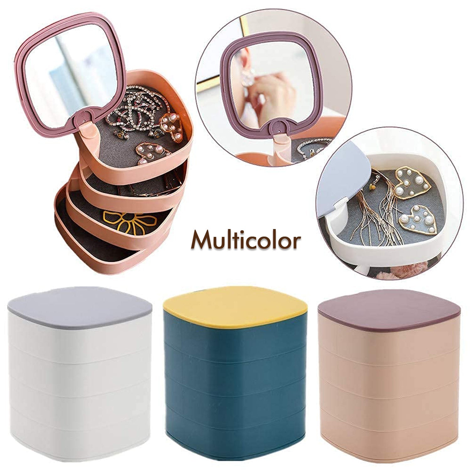 4023 4 Layers Jewellery Box, 360 Degree Rotating Jewelry Box, Jewelry and Earring Organizer Box with Mirror, Accessory Storage Box (Multicolor) 