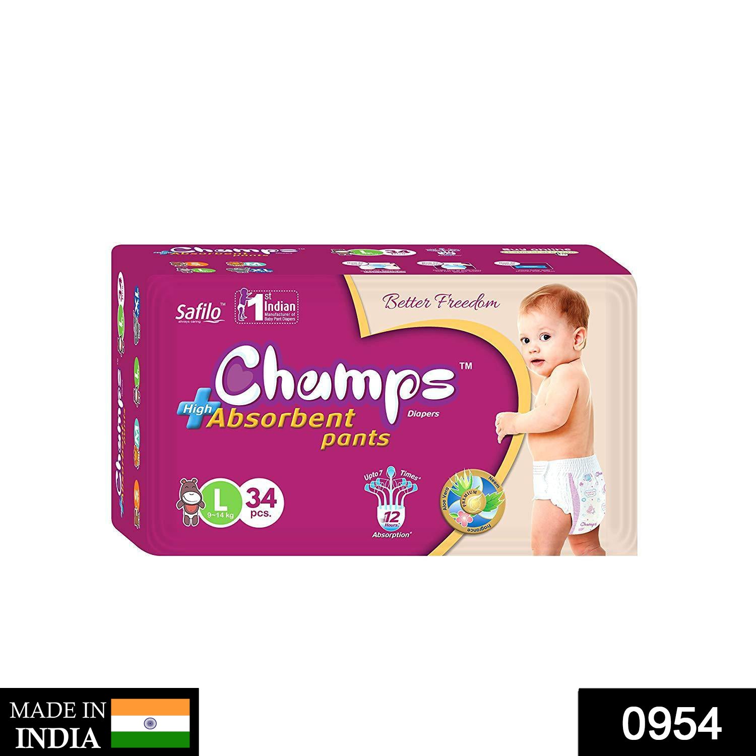 954 Premium Champs High Absorbent Pant Style Diaper Large Size, 34 Pieces (954_Large_34) Champs