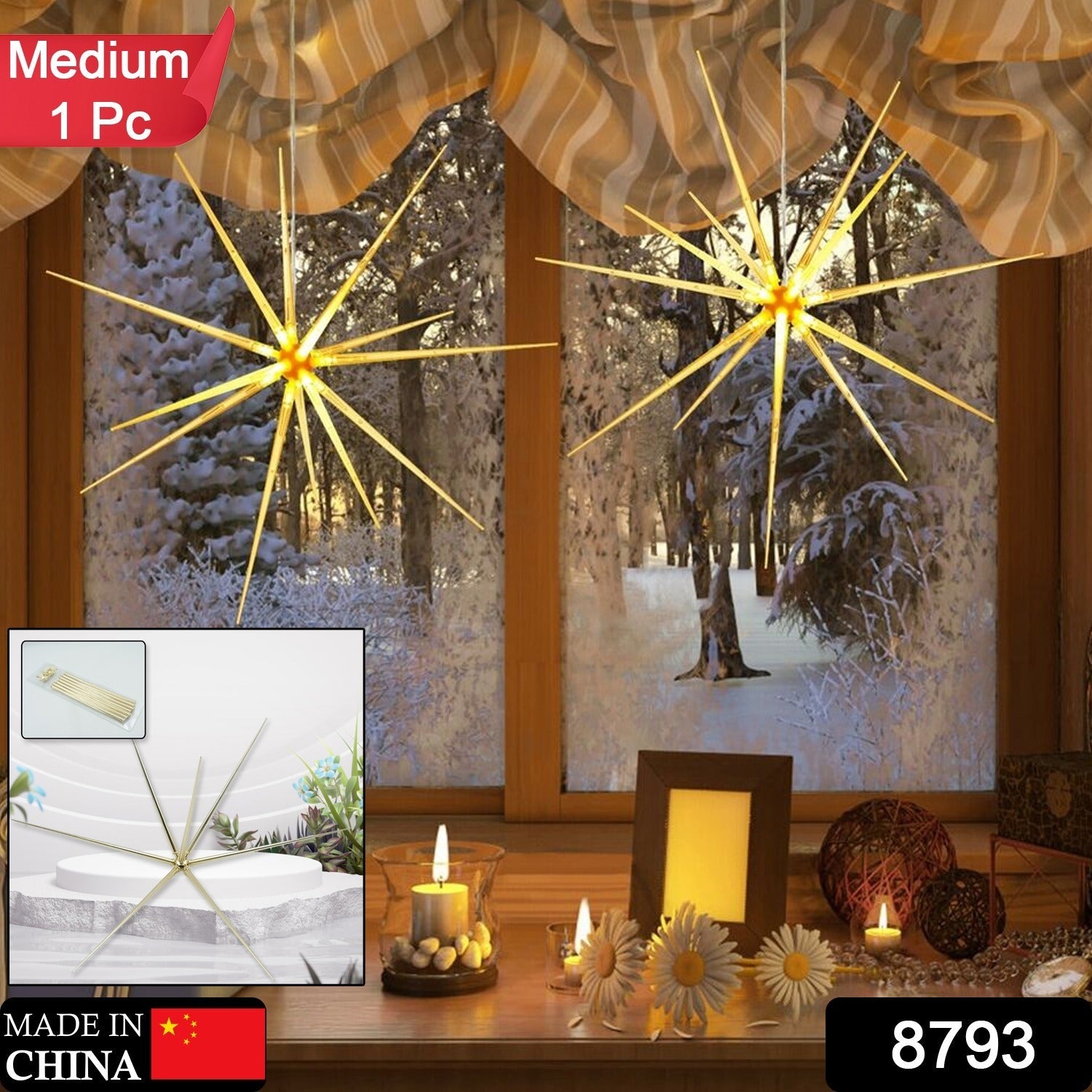 3D Gold Star Hanging Decoration Star, Acrylic Look  Hanging Luminous Star for Windows, Home, Garden Festive Embellishments for Holiday Parties Weddings Birthday Home Decoration ( Big / Medium, Small )